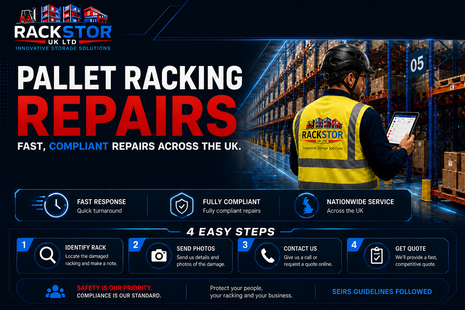 Rackstor pallet racking repair engineer in a UK warehouse